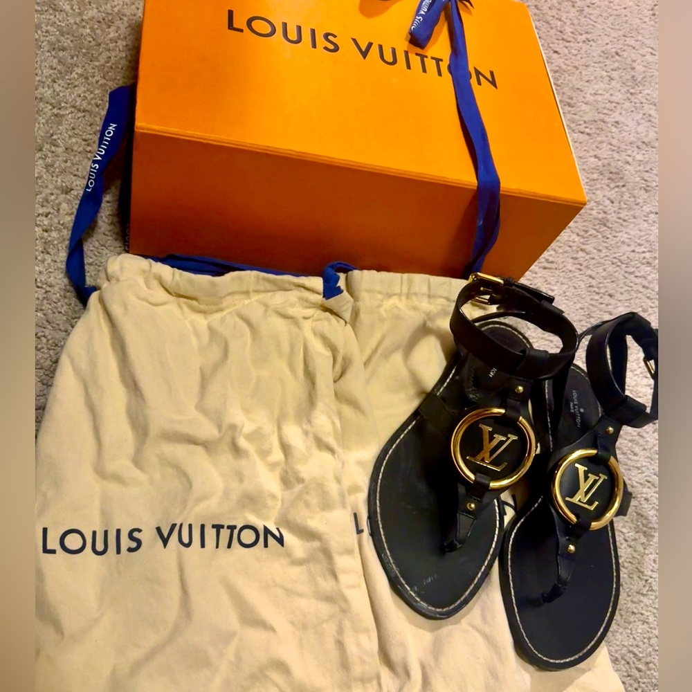 Louis Vuitton Black Sandals with Gold Accents